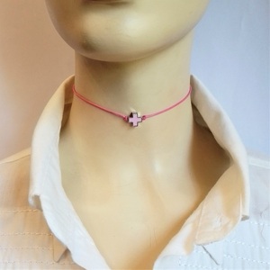 Cord necklace ροζ, σταυρός με ροζ σμάλτο, 31εκ. - ορείχαλκος, σταυρός, κοντά, boho - 2