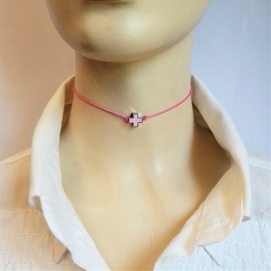 Cord necklace ροζ, σταυρός με ροζ σμάλτο - ορείχαλκος, σταυρός, κοντά, boho - 2