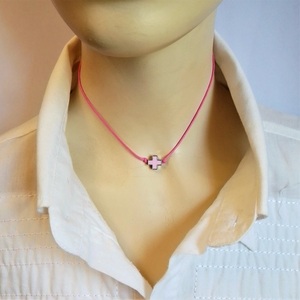 Cord necklace ροζ, σταυρός με ροζ σμάλτο, 31εκ. - ορείχαλκος, σταυρός, κοντά, boho - 3