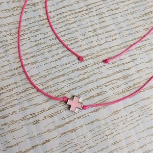 Cord necklace ροζ, σταυρός με ροζ σμάλτο, 31εκ. - ορείχαλκος, σταυρός, κοντά, boho - 4