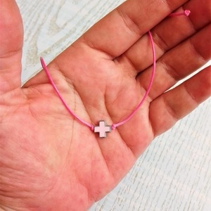 Cord necklace ροζ, σταυρός με ροζ σμάλτο, 31εκ. - ορείχαλκος, σταυρός, κοντά, boho - 5