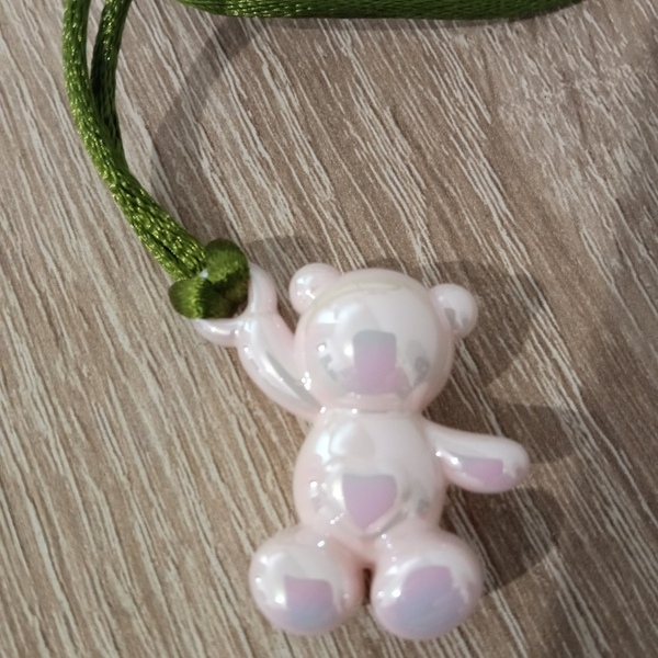 Πράσινο κολιέ με γυάλινο ροζ αρκουδάκι - γυαλί, καρδιά, αρκουδάκι, μεγάλα - 3