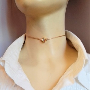 Cord necklace μπεζ με ατσάλινη χρυσαφί αχιβάδα, 32εκ. - κοντά, ατσάλι, boho, δώρα για γυναίκες - 2