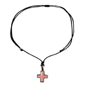 Cord necklace μαύρο με vintage μεταλλικό σταυρό και ροζ σμάλτο, 34εκ. - ορείχαλκος, σταυρός, κοντά, boho