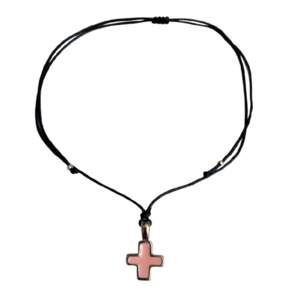 Cord necklace μαύρο με vintage μεταλλικό σταυρό και ροζ σμάλτο - ορείχαλκος, σταυρός, κοντά, boho