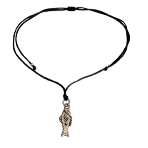 Cord necklace μαύρο με ψαράκι, 34εκ. - ορείχαλκος, ψάρι, minimal, κοντά, boho