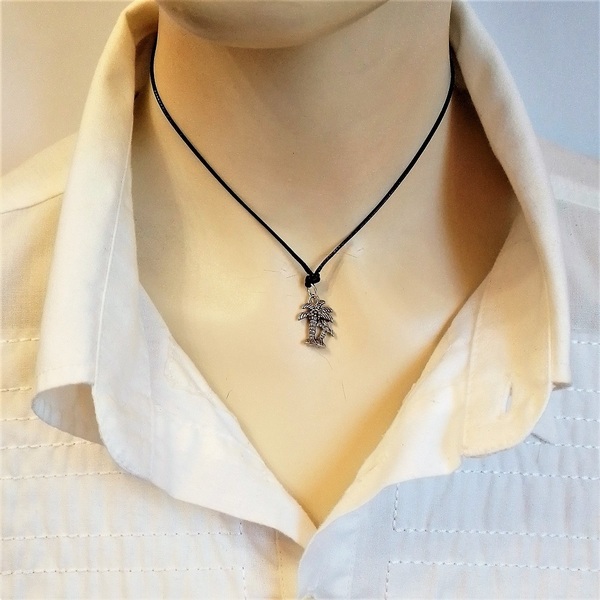 Cord necklace μαύρο με φοίνικες, 34εκ. - ορείχαλκος, minimal, κοντά, λουλούδι, boho - 3