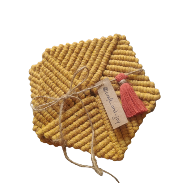 Μακραμέ σουβέρ (2 τεμ.) μουσταρδί Pentagon πλεκτό 14cm - νήμα, σουβέρ, μακραμέ, είδη σερβιρίσματος