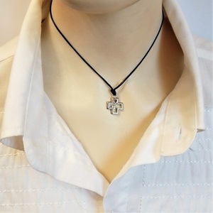 Cord necklace μαύρο με σταυρό και στρας, 33εκ. - στρας, ορείχαλκος, σταυρός, κοντά, boho - 3