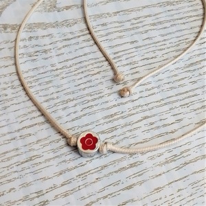 Cord necklace μπεζ με λουλούδι σε κόκκινο σμάλτο - δέρμα, κοντά, λουλούδι, boho, δώρα για γυναίκες - 4