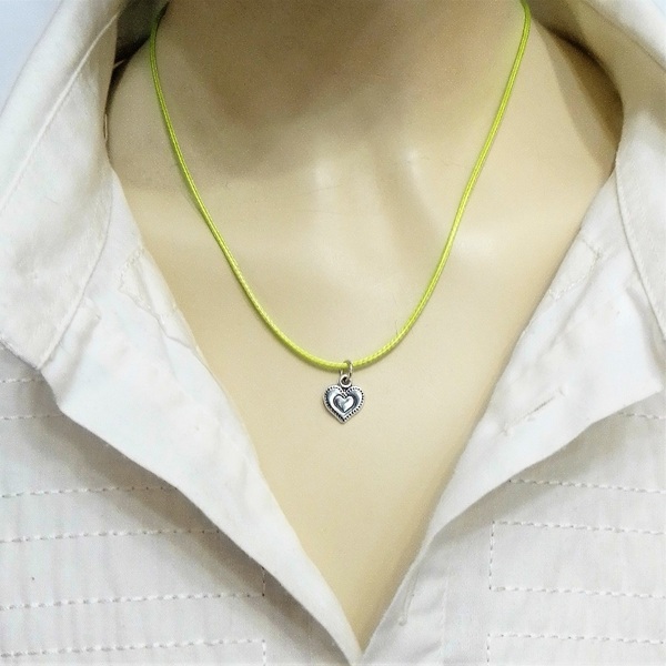 Cord necklace βεραμάν, με μεταλλική καρδιά, 27εκ. - ορείχαλκος, καρδιά, κοντά, boho, δώρα για γυναίκες - 3