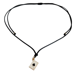 Cord necklace μαύρο με μεταλλικό μοτίφ "Άσσος μπαστούνι", 31εκ. - ορείχαλκος, κοντά, boho, δώρα για γυναίκες