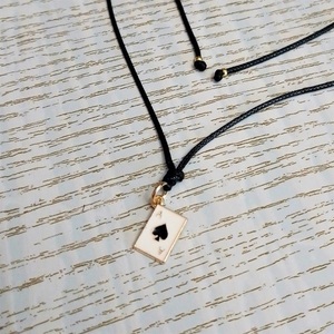 Cord necklace μαύρο με μεταλλικό μοτίφ "Άσσος μπαστούνι" - ορείχαλκος, κοντά, boho, δώρα για γυναίκες - 4