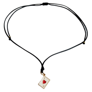 Cord necklace μαύρο με μεταλλικό μοτίφ "Άσσος κούπα", 31εκ. - ορείχαλκος, κοντά, boho, δώρα για γυναίκες
