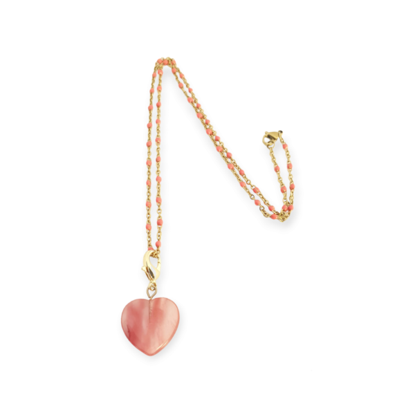 Κολιέ ατσάλινο με αλυσίδα με χάντρες και ροζ καρδιά - 50εκ. - αλυσίδες, καρδιά, κοντά, ατσάλι