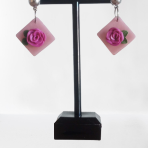 Σκουλαρίκια από πηλό με φούξια τριαντάφυλλα - πηλός, λουλούδι, μικρά, boho, κρεμαστά - 4