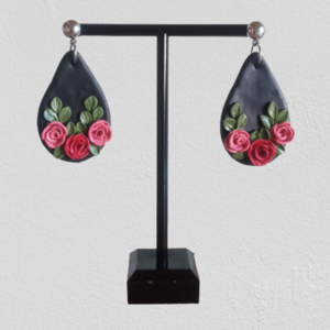 Σκουλαρίκια από πηλό με τριαντάφυλλα - πηλός, μακριά, λουλούδι, ατσάλι, boho - 4