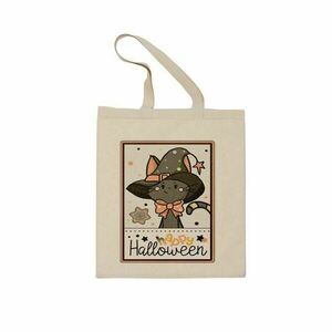 Πάνινη μπεζ τσάντα Halloween με γάτα μάγισσα - ύφασμα, ώμου, halloween