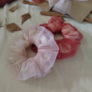 Δύο χειροποίητα double layer scrunchies με τούλι σε τερακότα και μπεζ χρώμα 2τμχ medium size q - ύφασμα, δώρο, λαστιχάκια μαλλιών - 3