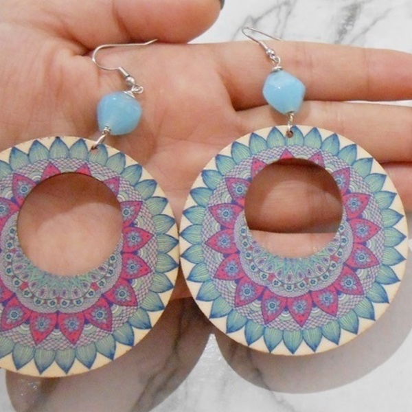 Ξύλινα σκουλαρίκια διπλής όψεως με χάντρες, κρεμαστά Boho Blue Colorful Mandala earrings - ξύλο, χάντρες, λουλούδι, κρεμαστά, γάντζος - 4