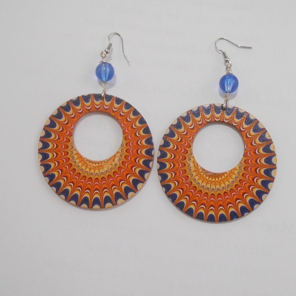 Ξύλινα σκουλαρίκια διπλής όψεως με χάντρες, κρεμαστά Boho Orange Blue Colorful Mandala earrings - ξύλο, χάντρες, λουλούδι, κρεμαστά, γάντζος