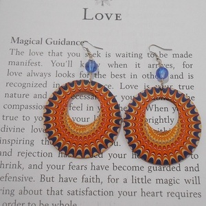 Ξύλινα σκουλαρίκια διπλής όψεως με χάντρες, κρεμαστά Boho Orange Blue Colorful Mandala earrings - ξύλο, χάντρες, λουλούδι, κρεμαστά, γάντζος - 2