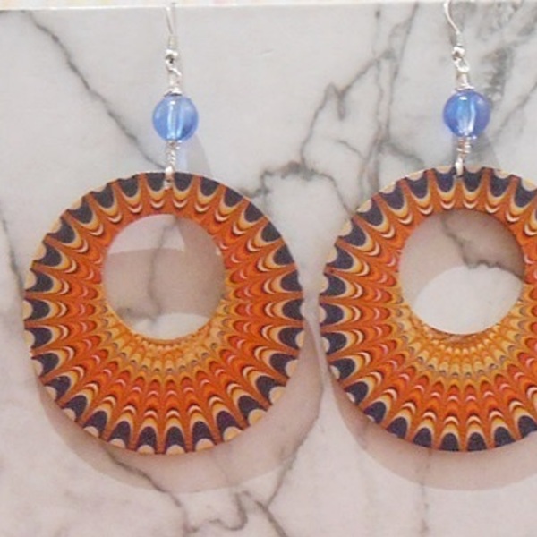 Ξύλινα σκουλαρίκια διπλής όψεως με χάντρες, κρεμαστά Boho Orange Blue Colorful Mandala earrings - ξύλο, χάντρες, λουλούδι, κρεμαστά, γάντζος - 3