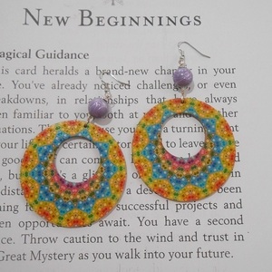 Ξύλινα σκουλαρίκια διπλής όψεως με χάντρες, κρεμαστά Boho Rainbow Colorful Mandala earrings - ξύλο, χάντρες, λουλούδι, κρεμαστά, γάντζος - 2