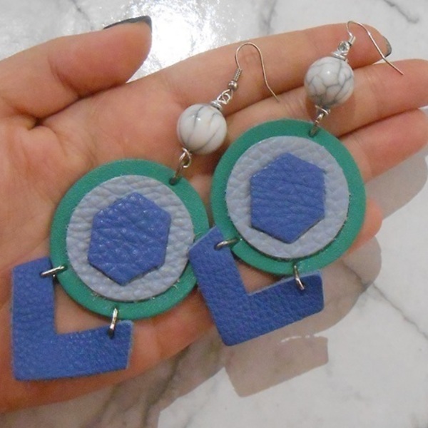 Σκουλαρίκια με δέρμα, μεταλλικά στοιχεία και χάντρες, κρεμαστά Boho Green Blue leather - δέρμα, χάντρες, boho, κρεμαστά, γάντζος - 4