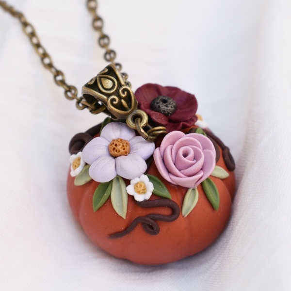 Floral Pumpkin Necklace | Μακρύ Κολιέ με Χειροποίητη Φλοράλ Κολοκύθα (Πολυμερικός Πηλός, Μπρούντζος) (72εκ. + 5εκ.) - πηλός, μακριά, μπρούντζος, μεγάλα, κολοκύθα