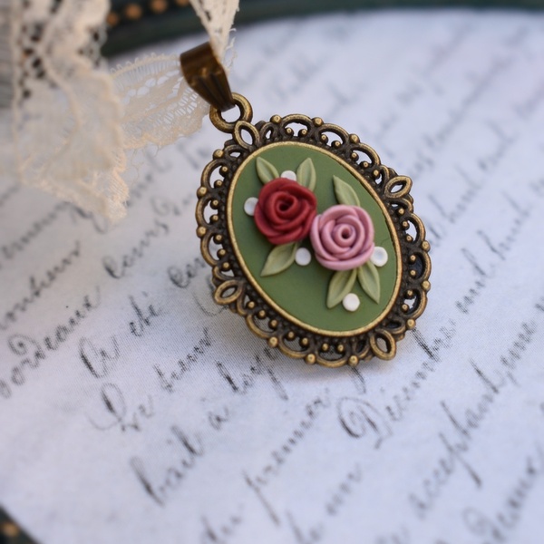 Vintage Choker Necklace | Δαντελένιο Τσόκερ Μενταγιόν με Τριαντάφυλλα (Πολυμερικός Πηλός, Μπρούντζος) (Μήκος 33cm + 5cm) - τσόκερ, κοντά, λουλούδι, μπρούντζος, αυξομειούμενα