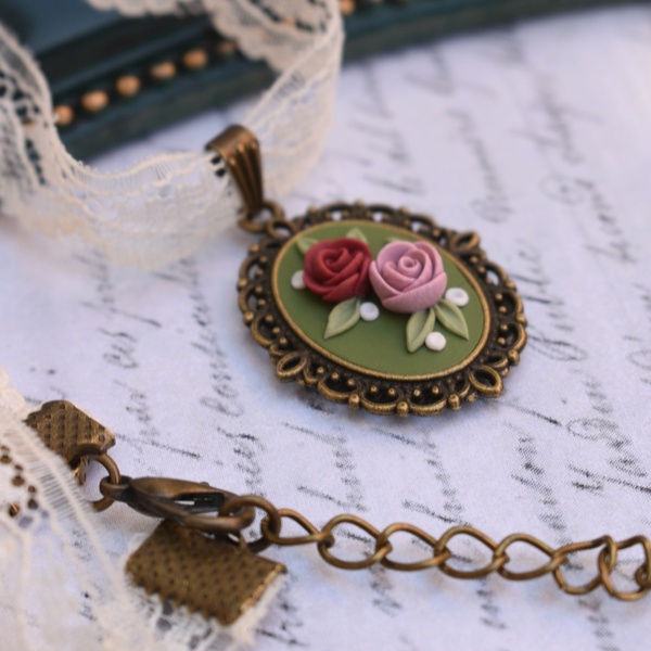 Vintage Choker Necklace | Δαντελένιο Τσόκερ Μενταγιόν με Τριαντάφυλλα (Πολυμερικός Πηλός, Μπρούντζος) (Μήκος 33cm + 5cm) - τσόκερ, κοντά, λουλούδι, μπρούντζος, αυξομειούμενα - 3