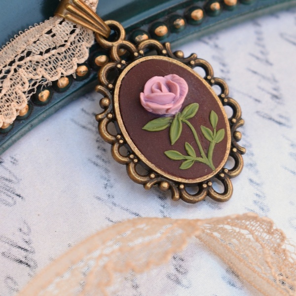 Vintage Choker Necklace | Δαντελένιο Τσόκερ Μενταγιόν με Ροζ Τριαντάφυλλο (Πολυμερικός Πηλός, Μπρούντζος) (Μήκος 33cm + 5cm) - τσόκερ, κοντά, λουλούδι, μπρούντζος, αυξομειούμενα - 4