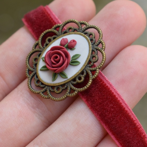 Vintage Choker Necklace | Μπορντό Βελούδινο Τσόκερ με Κόκκινα Τριαντάφυλλα (Πολυμερικός Πηλός, Μπρούντζος) (Μήκος 33cm + 5cm) - τσόκερ, κοντά, λουλούδι, μπρούντζος, αυξομειούμενα - 3