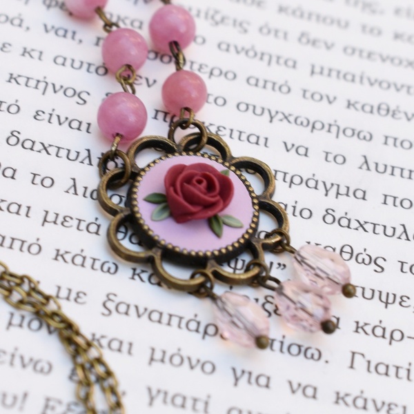 Vintage Rosary Necklace | Ροζ Κολιέ από Μπρούντζο με Τριαντάφυλλο και Κρύσταλλα (Πολυμερικός Πηλός, Μπρούντζος) (Μήκος 45cm + 5cm) - κοντά, λουλούδι, ροζάριο, μπρούντζος, αυξομειούμενα