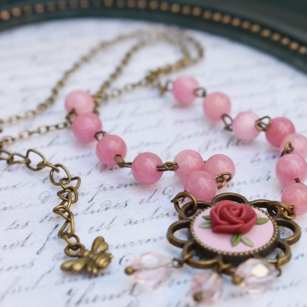 Vintage Rosary Necklace | Ροζ Κολιέ από Μπρούντζο με Τριαντάφυλλο και Κρύσταλλα (Πολυμερικός Πηλός, Μπρούντζος) (Μήκος 45cm + 5cm) - κοντά, λουλούδι, ροζάριο, μπρούντζος, αυξομειούμενα - 2