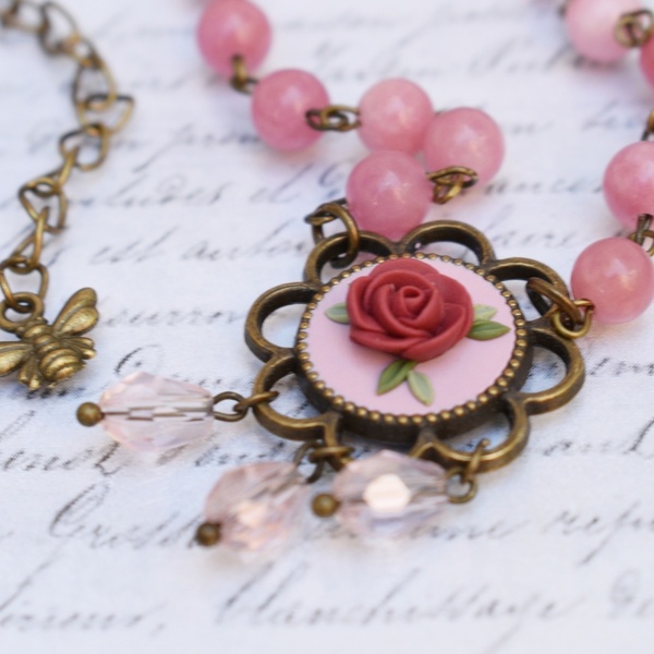 Vintage Rosary Necklace | Ροζ Κολιέ από Μπρούντζο με Τριαντάφυλλο και Κρύσταλλα (Πολυμερικός Πηλός, Μπρούντζος) (Μήκος 45cm + 5cm) - κοντά, λουλούδι, ροζάριο, μπρούντζος, αυξομειούμενα - 3