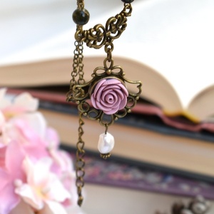 Vintage Rosary Necklace | Πράσινο Κολιέ από Μπρούντζο με Ροζ Τριαντάφυλλο και Μαργαριτάρι (Πολυμερικός Πηλός, Μπρούντζος) (Μήκος 40cm + 5cm) - κοντά, λουλούδι, ροζάριο, μπρούντζος, αυξομειούμενα - 4