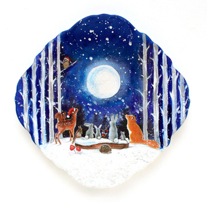 Χριστουγεννιάτικο διακοσμητικό κεραμικό πιάτο τοίχου με νυχτερινό τοπίο στο δάσος - πηλός, κεραμικό, διακοσμητικά, χριστουγεννιάτικα δώρα