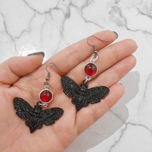 Μεταλλικά σκουλαρίκια με συνδετική κόκκινη χάντρα, κρεμαστά Moth Butterfly earrings - χάντρες, ατσάλι, μεταλλικά στοιχεία, κρεμαστά, γάντζος - 5