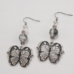 Σκουλαρίκια με charms, χάντρες και μεταλλικά στοιχεία, κρεμαστά Skull Butterfly earrings - πεταλούδα, χάντρες, ατσάλι, κρεμαστά, γάντζος
