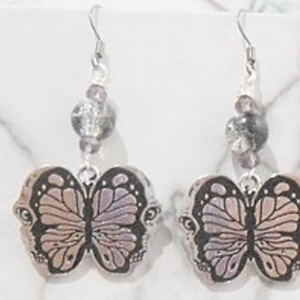 Σκουλαρίκια με charms, χάντρες και μεταλλικά στοιχεία, κρεμαστά Skull Butterfly earrings - πεταλούδα, χάντρες, ατσάλι, κρεμαστά, γάντζος - 3