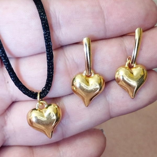 Set με καρδιές μπουλ χειροποίητες από μέταλλο German silver σε χρυσό - ορείχαλκος, καρδιά, set, μενταγιόν - 4