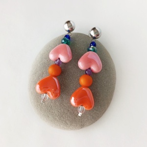 Σκουλαρίκια με χάντρες καρδιά - γυαλί, χάντρες, καρφωτά, ατσάλι, boho - 3