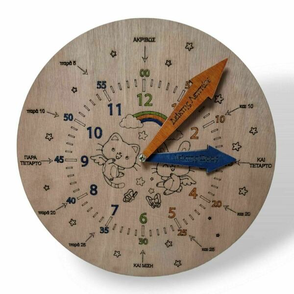 Ξύλινο εκπαιδευτικό ρολόι εκμάθησης ώρας 27x11 cm (επιτραπέζιο) - κορίτσι, αγόρι, ρολόγια, ζωάκια, προσωποποιημένα - 3