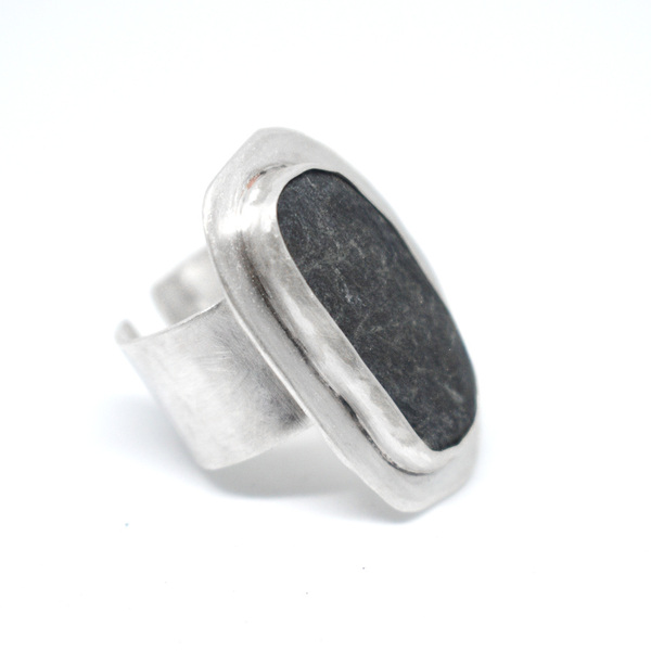 Ασημένιο δαχτυλίδι με μαύρο βότσαλο - ασήμι 925, μεγάλα, αυξομειούμενα - 2