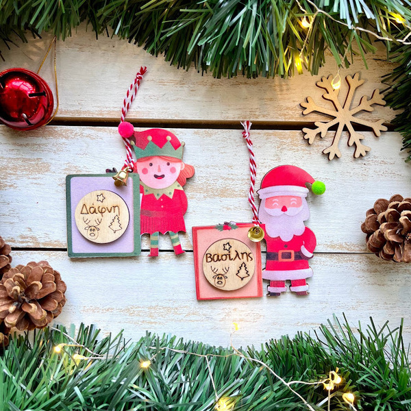 Χριστουγεννιάτκο στολίδι "Ξωτικό και Άι-Βασίλης" - ύφασμα, ξύλο, χριστουγεννιάτικα δώρα, στολίδια, προσωποποιημένα - 2