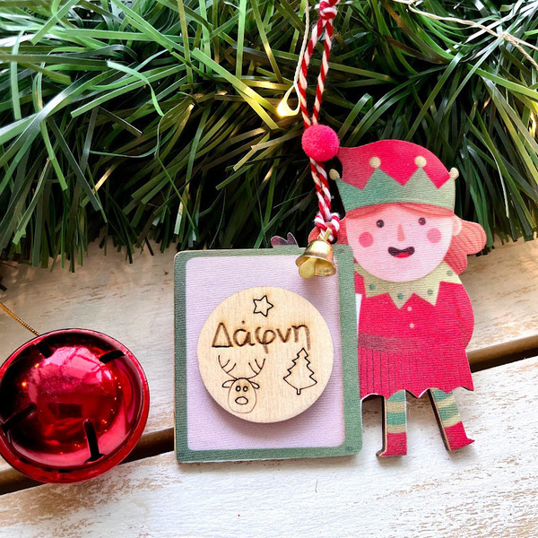 Χριστουγεννιάτκο στολίδι "Ξωτικό και Άι-Βασίλης" - ύφασμα, ξύλο, χριστουγεννιάτικα δώρα, στολίδια, προσωποποιημένα - 3