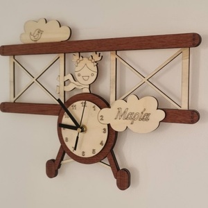 Παιδικό Ρολόι τοίχου ξύλινο αεροπλανάκι 38x27cm (2 αποχρώσεων) - ξύλο, κορίτσι, αεροπλάνο, ρολόγια, προσωποποιημένα - 5