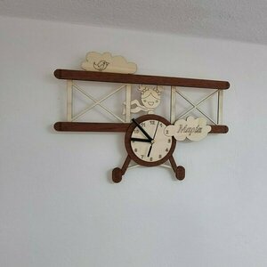 Παιδικό Ρολόι τοίχου ξύλινο αεροπλανάκι 38x27cm (2 αποχρώσεων) - ξύλο, κορίτσι, αεροπλάνο, ρολόγια, προσωποποιημένα - 3